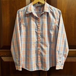 LL Bean Women’s Wrinkle Resistant  Pastel Plaid Button Down Cotton Shirt Medium